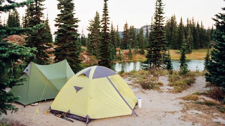 Two tents in the woods next to a lake